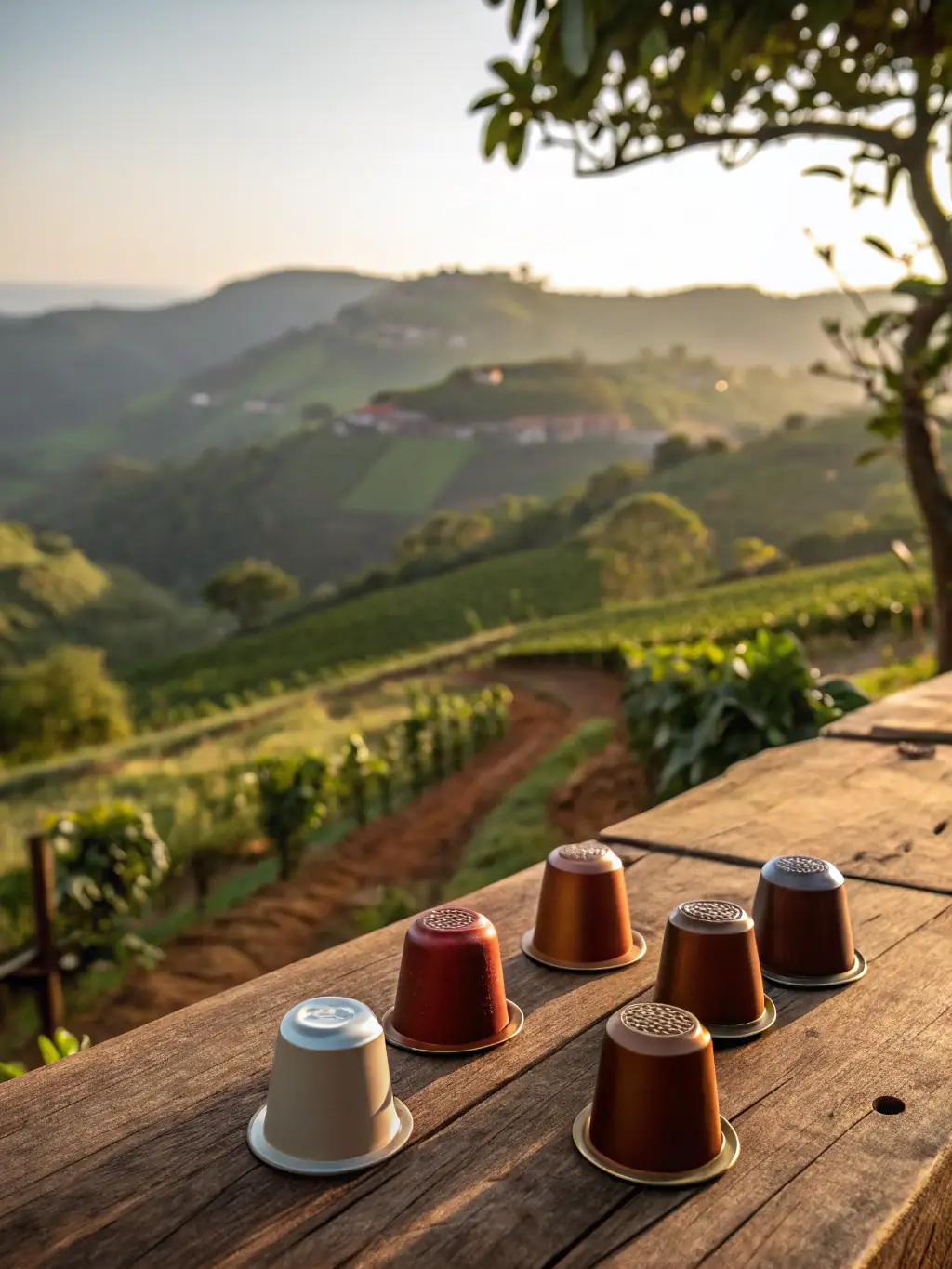 Capsules displayed alongside scenic images of Angolan coffee farms and landscapes.