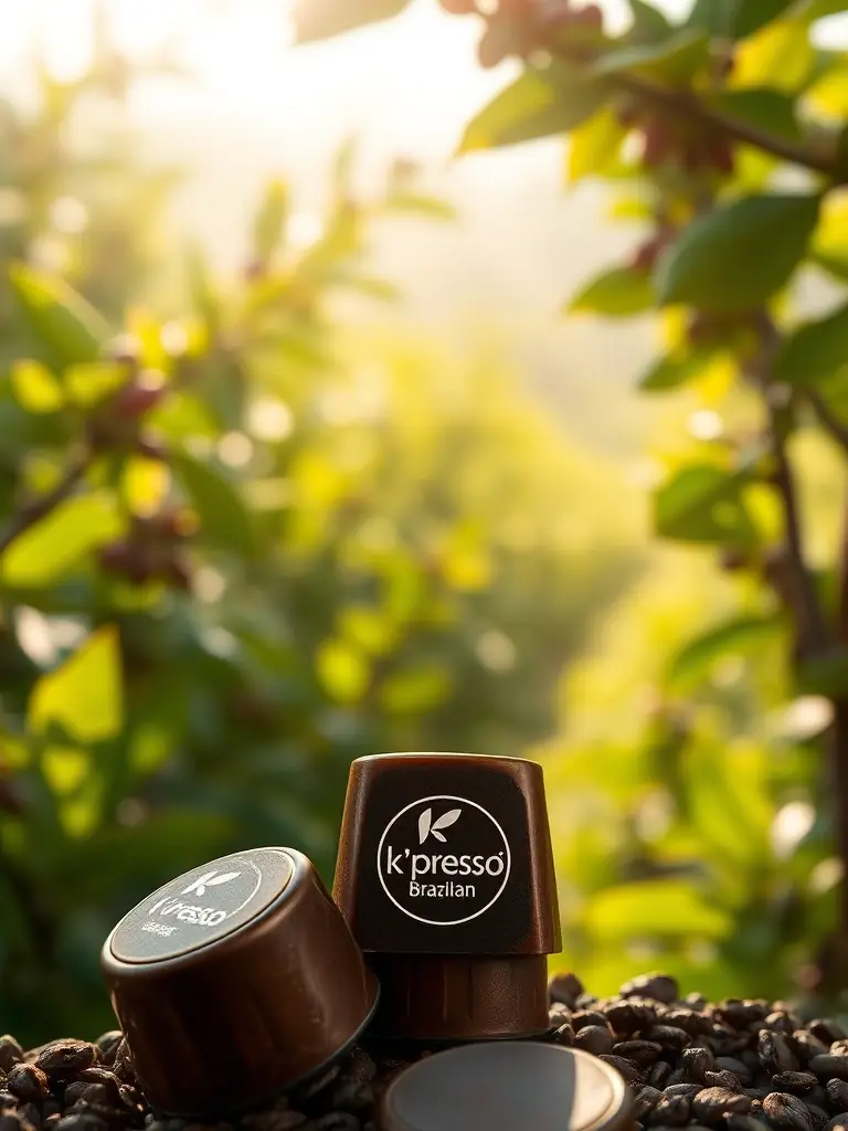 A visually appealing image of K'presso Brazilian coffee capsules, showcasing the dark roast and robust aroma, with a blurred background of a Brazilian coffee farm.