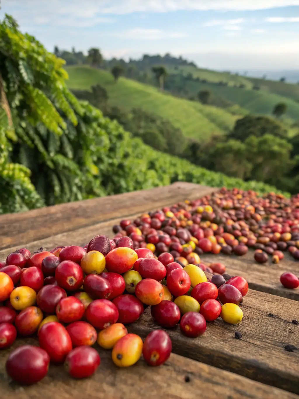 An image showcasing Brazilian coffee capsules with lush coffee plantations in the background.