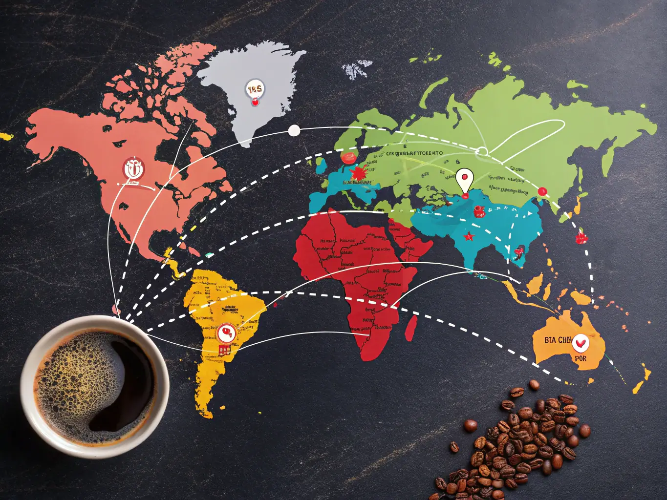 A visually appealing image showcasing K’presso coffee capsules from various origins (Colombia, Brazil, Angola, Cuba) with maps highlighting their respective regions.