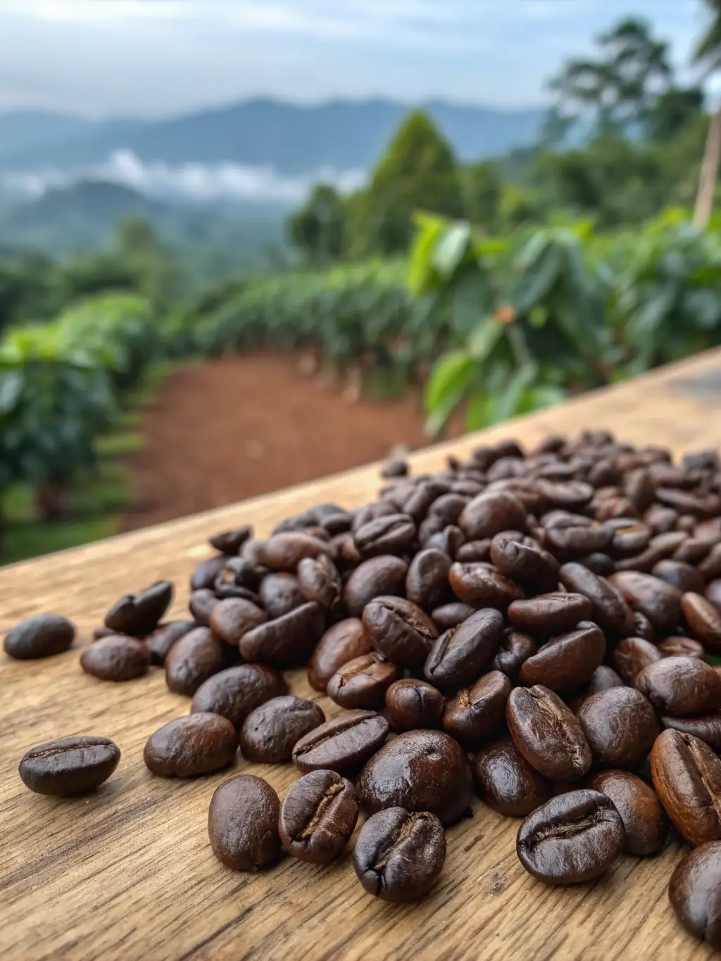 A close-up shot of K'presso Colombian coffee capsules, highlighting the packaging details and rich color of the coffee grounds inside, set against a backdrop of a lush Colombian coffee plantation.